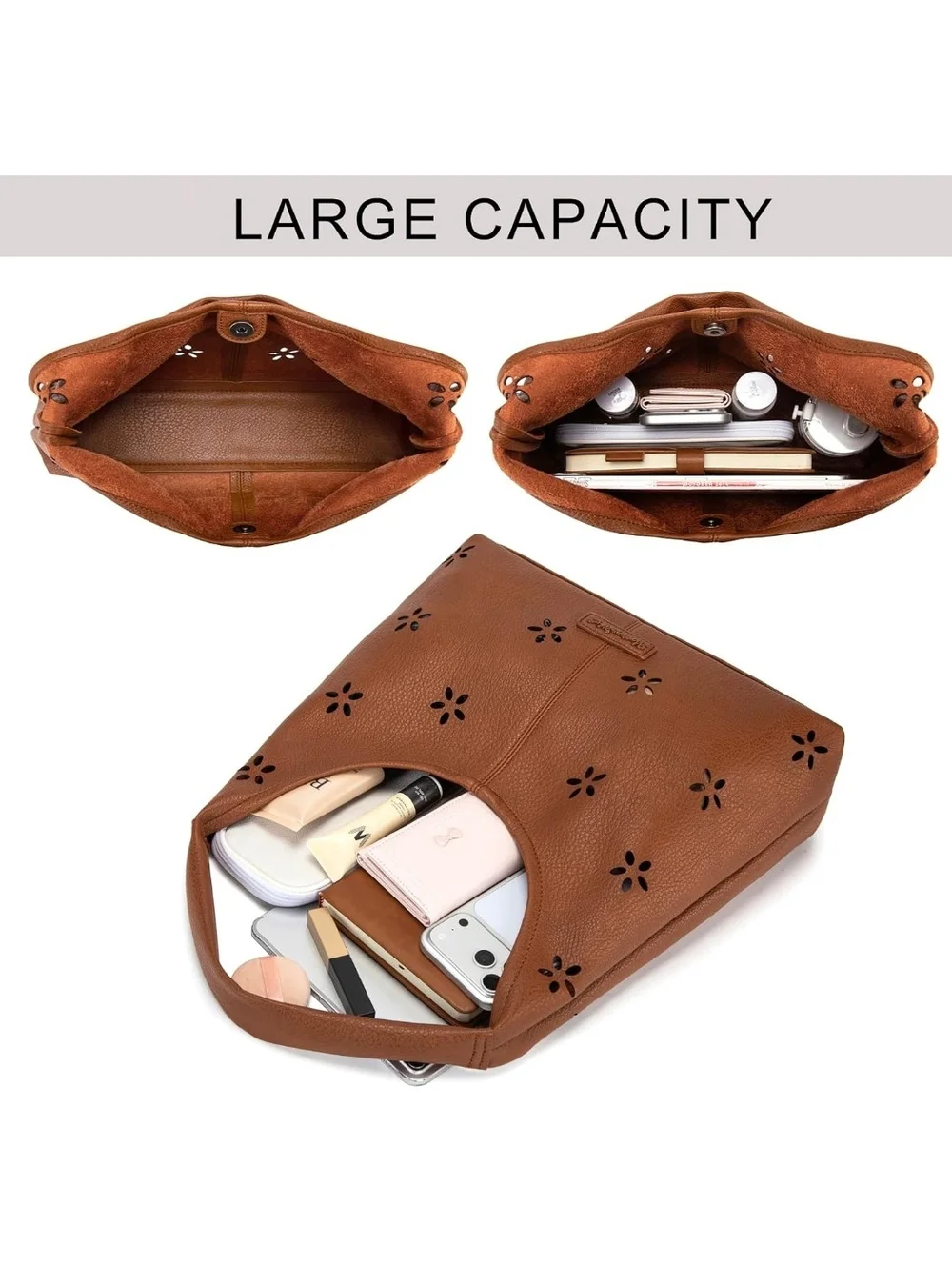 Montana West Tan Perforated Leather Shoulder Hobo with Pouch